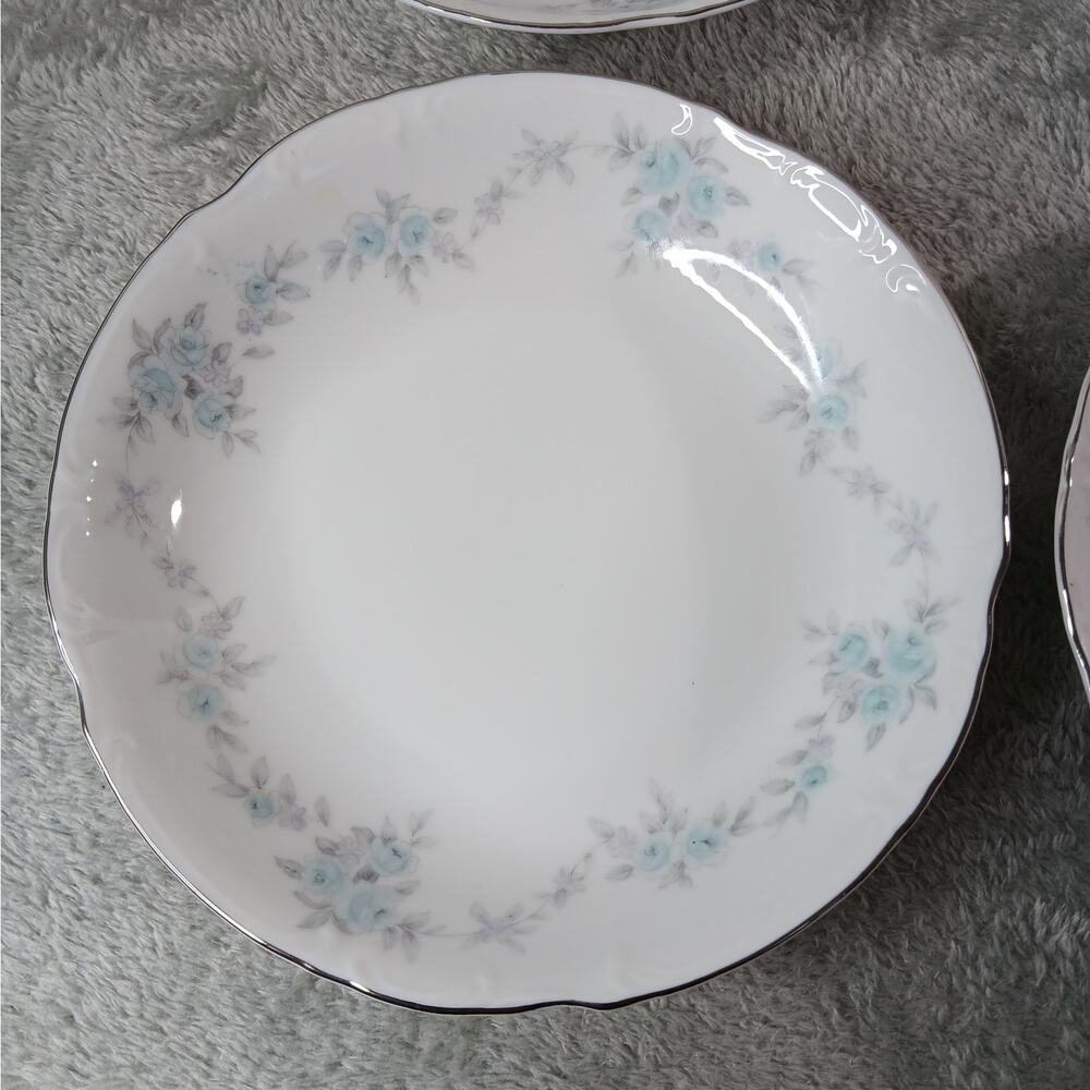 MIKASA Barbizon‎ 7 5/8" Coup Soup Cereal Bowls Blue Flowers Gray Leaves Set of 4
